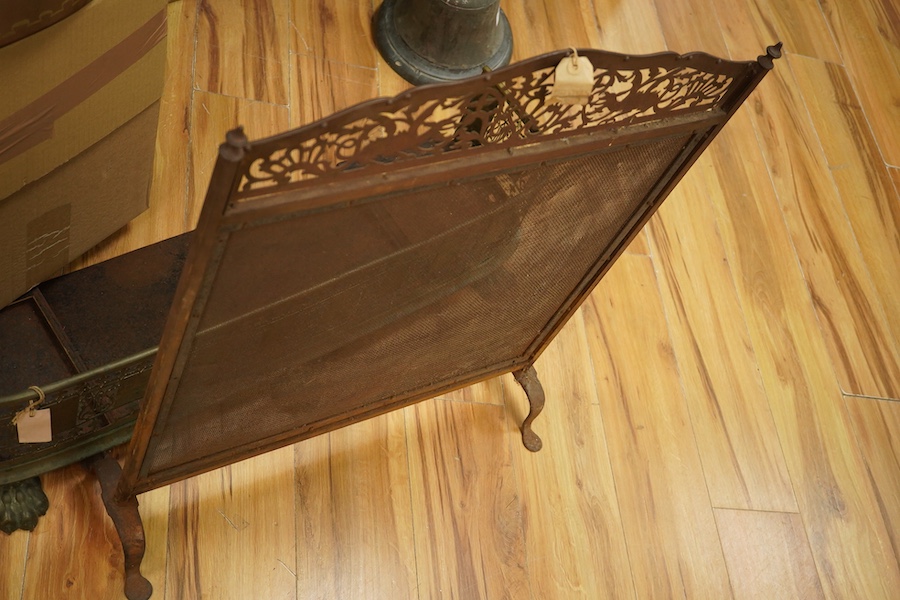 A collection of Victorian copper and fireside accessories, 96cm wide. Condition - varies